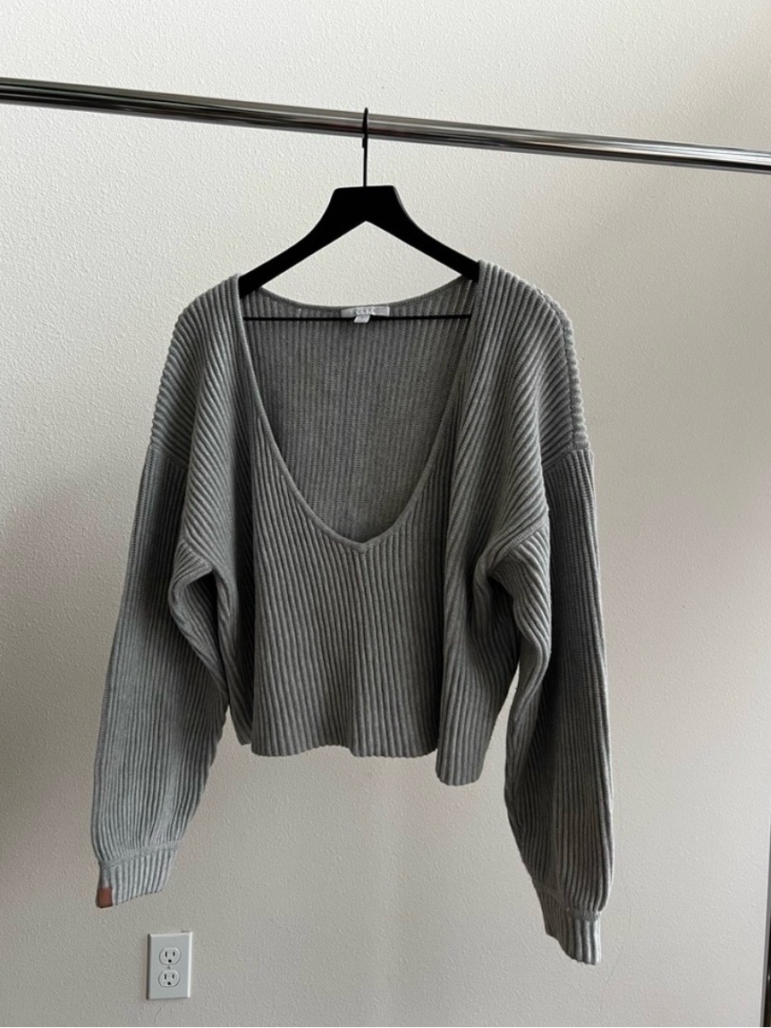 Lunya Gray Ribbed Deep V-Neck Sweater